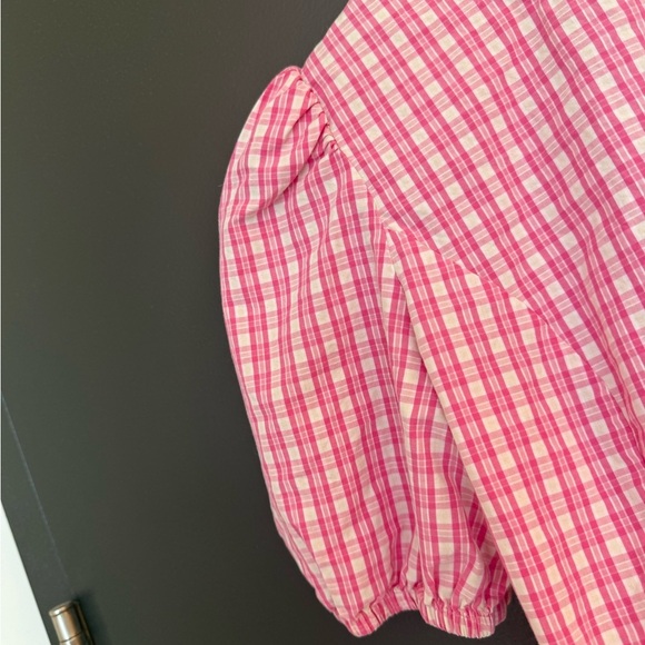 Sunday S EUC gingham Pink Plaid Puff Sleeve Top with lace up back (Aritzia) - Picture 3 of 12
